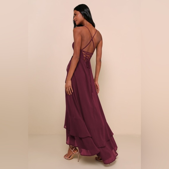 Lulus burgundy chiffon lace up back ruffle tiered maxi dress nwot - Picture 3 of 5